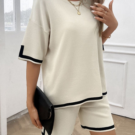 Contrast Trim Round Neck Top and Shorts Set