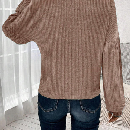 Ribbed Round Neck Lantern Sleeve T-Shirt