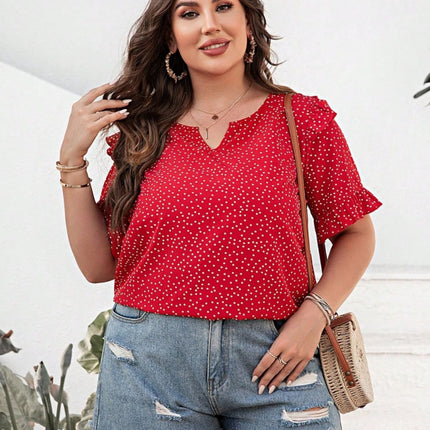 Plus Size Polka Dot Notched Flounce Sleeve Blouse