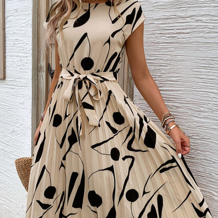 Tied Pleated Printed Cap Sleeve Dress