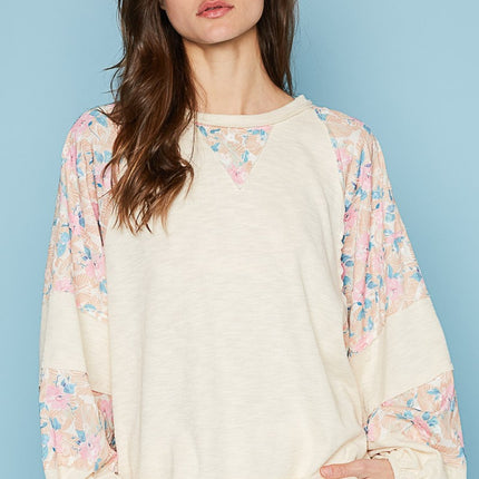 POL Round Neck Balloon Floral Long Sleeve Top