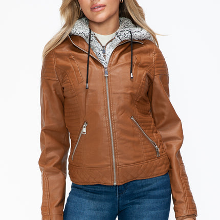 YMI Faux Layered Double-Zipper Jacket with Fuzzy Hood