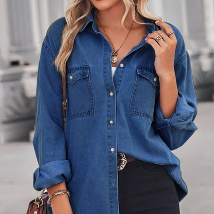 Collared Neck Dropped Shoulder Denim Top