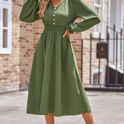 Smocked V-Neck Flounce Sleeve Midi Dress