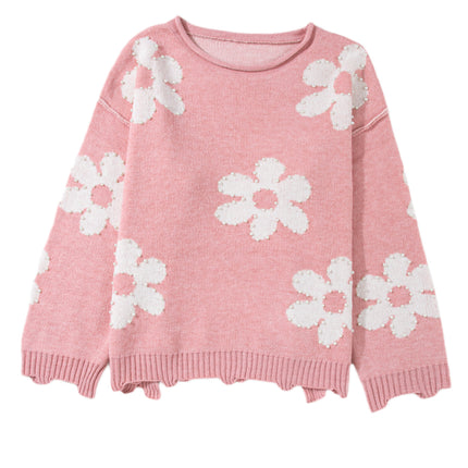 Pearl Trim Flower Round Neck Sweater