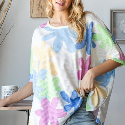 HOPELY Floral Round Neck Waffle T-Shirt