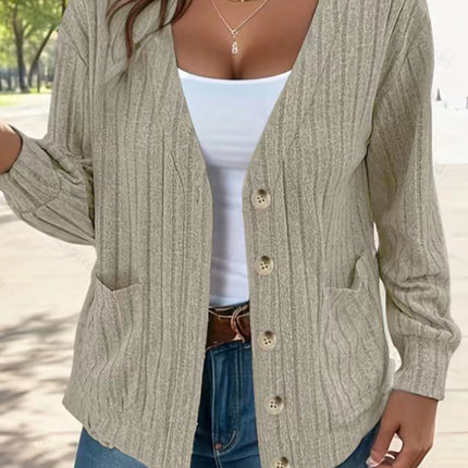 Full Size Button Up V-Neck Long Sleeve Cardigan