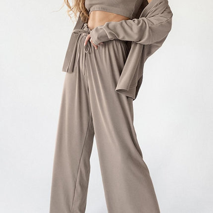 Spaghetti Strap Bra, Open Front Cardigan and Drawstring Pants Set