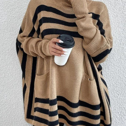 Striped Turtleneck Batwing Sleeve Sweater with Pockets