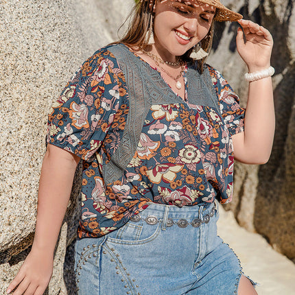 Plus Size Printed Notched Half Sleeve Blouse