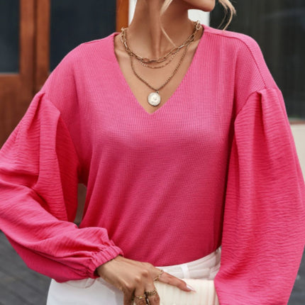 Waffle-Knit V-Neck Long Sleeve Blouse