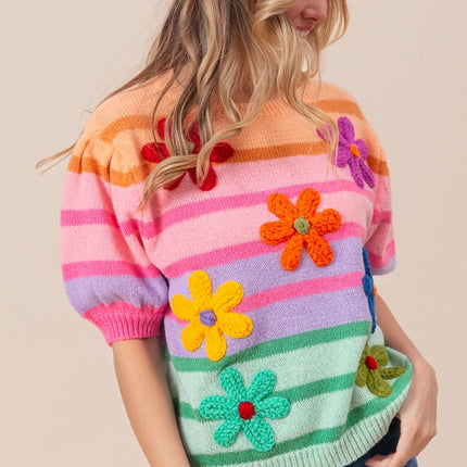 BiBi Flower Patch Puff Sleeve Striped Sweater