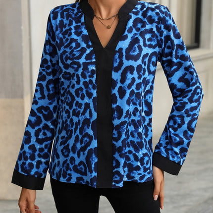 Leopard Notched Long Sleeve Blouse