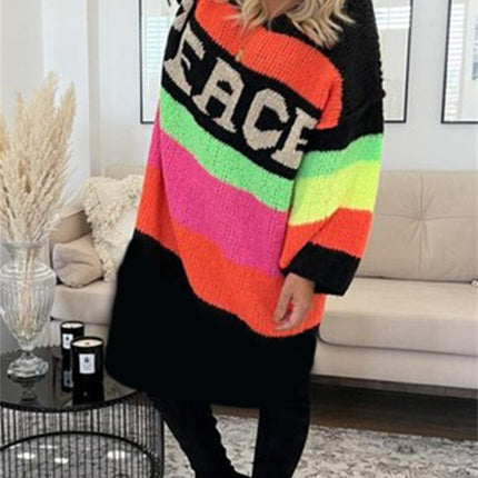 Color Block V-Neck Long Sleeve Sweater Dress