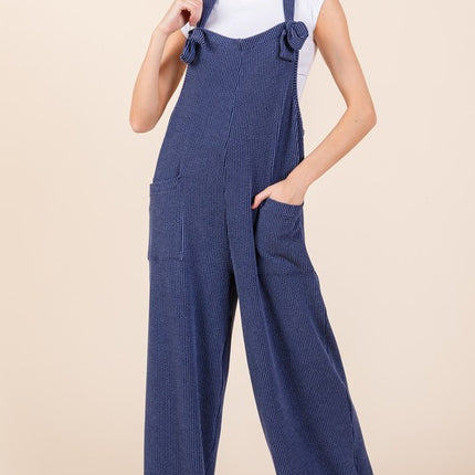 BOMBOM Knot Straps Wide Leg Ribbed Overalls with Pockets