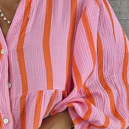 Striped Notched Long Sleeve Blouse