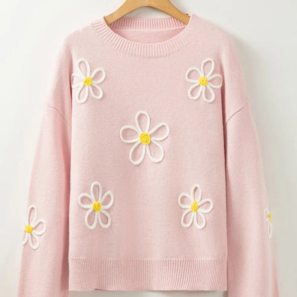 Flower Round Neck Dropped Shoulder Sweater