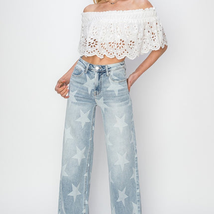 RISEN Full Size Raw Hem Star Wide Leg Jeans