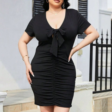 Plus Size Ruched Tied Short Sleeve Mini Dress