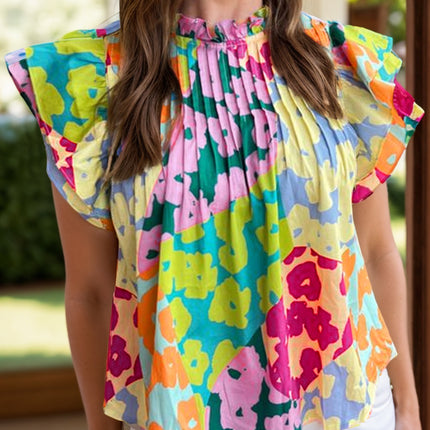 Ruffled Printed Mock Neck Cap Sleeve Blouse