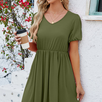 V-Neck Balloon Short Sleeve Dress