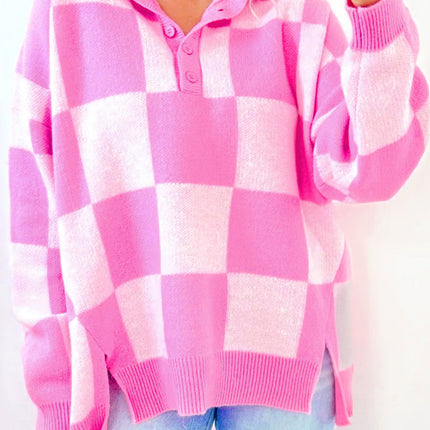 Slit Checkered Half Button Long Sleeve Sweater