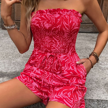 Smocked Printed Tube Romper with Pockets