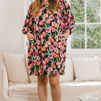 ODDI Full Size Floral Puff Sleeve Mini Dress