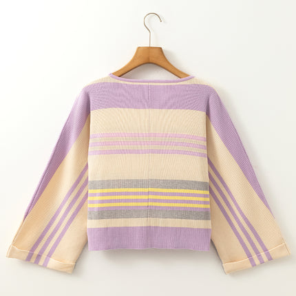 Contrast Striped Round Neck Three-Quarter Sleeve Top