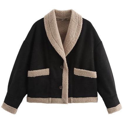 Fuzzy Collared Neck Long Sleeve Jacket