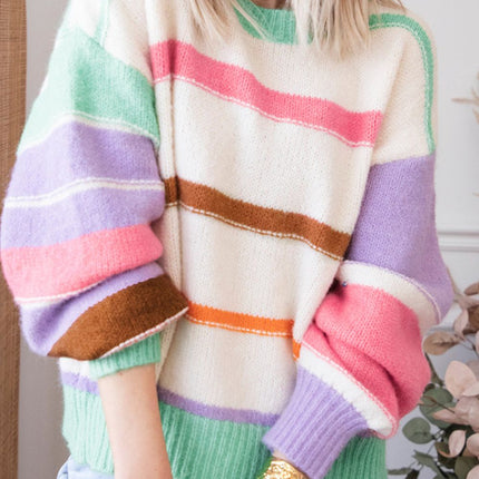 Contrast Striped Round Neck Drop Shoulder Sweater