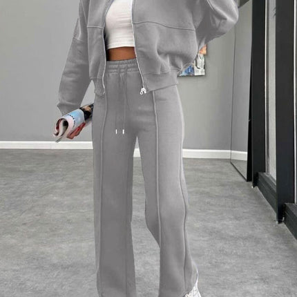 Baseball Collar Zip Up Outerwear and Drawstring Pants Set