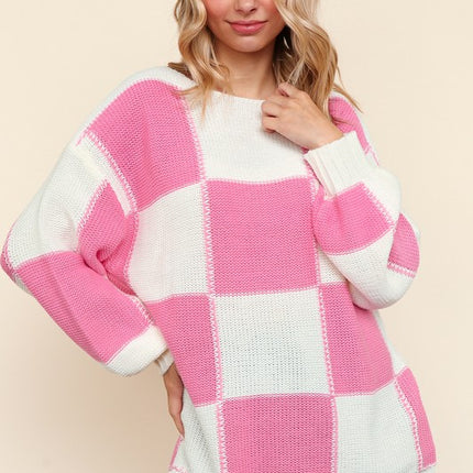 Haptics Full Size Checkered Round Neck Drop Shoulder Sweater