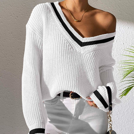 Contrast Trim V-Neck Long Sleeve Sweater