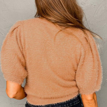 Fuzzy Round Neck Half Sleeve Sweater