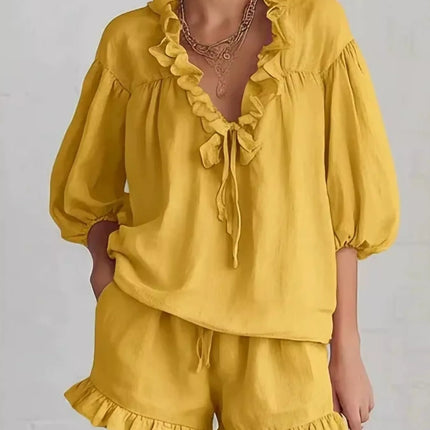 Ruffled V-Neck Blouse and Shorts Set