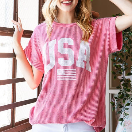 Heimish Full Size USA Graphic Short Sleeve Ribbed Top