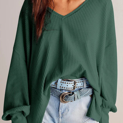 Waffle-Knit V-Neck Long Sleeve Top