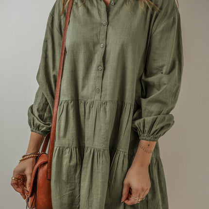 Tiered Collared Neck Balloon Sleeve Shirt Dress