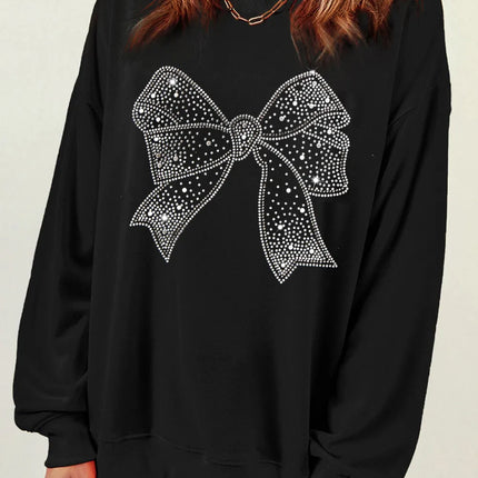 Rhinestone Bow Round Neck Long Sleeve Sweatshirt