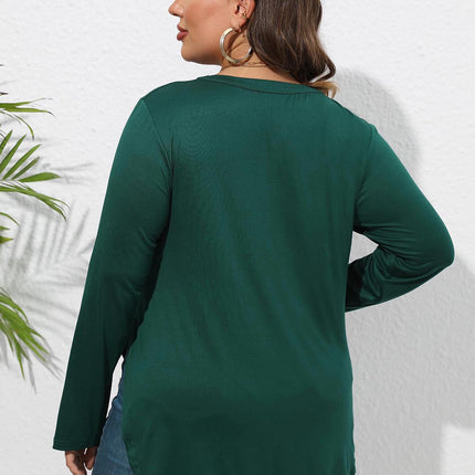 Plus Size Round Neck Long Sleeve Slit T-Shirt