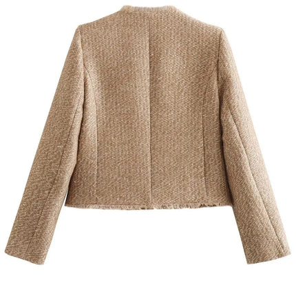 Raw Hem Pocketed Round Neck Jacket - Vickie Lynn's