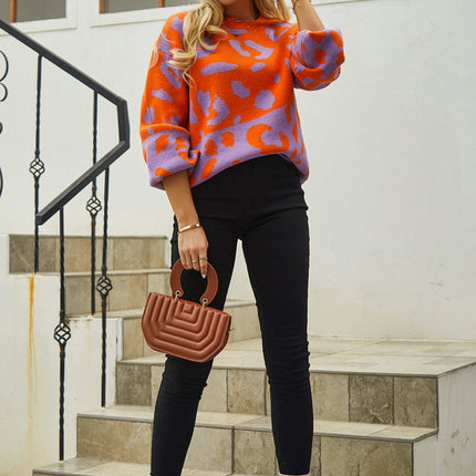 Woven Right Leopard Round Neck Dropped Shoulder Sweater