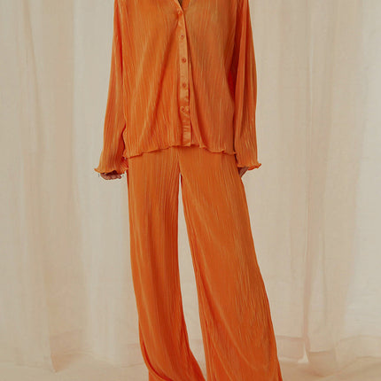 Collared Neck Long Sleeve Top and Pants Lounge Set