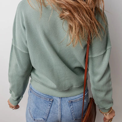 Waffle-Knit Long Sleeve Dropped Shoulder Top - Vickie Lynn's