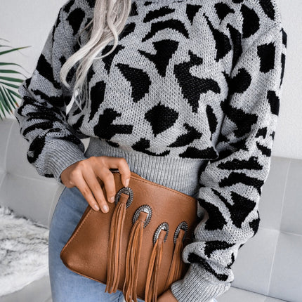 Leopard Round Neck Dropped Shoulder Sweater