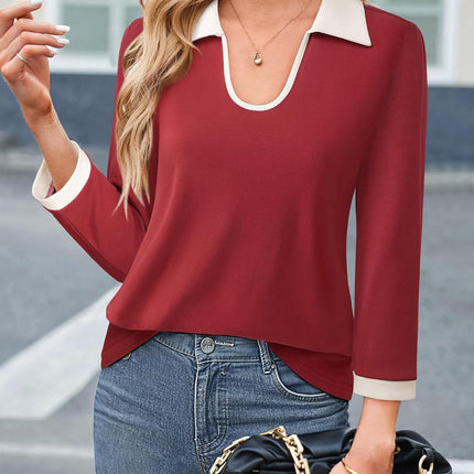 Contrast Collared Neck Long Sleeve Top