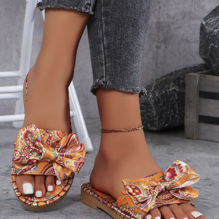 Bow Printed Open Toe Flat Sandals