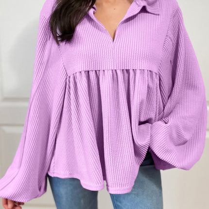 Corded Johnny Collar Long Sleeve Babydoll Blouse