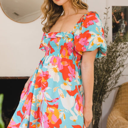 ODDI Printed Smocked Puff Sleeve Mini Dress